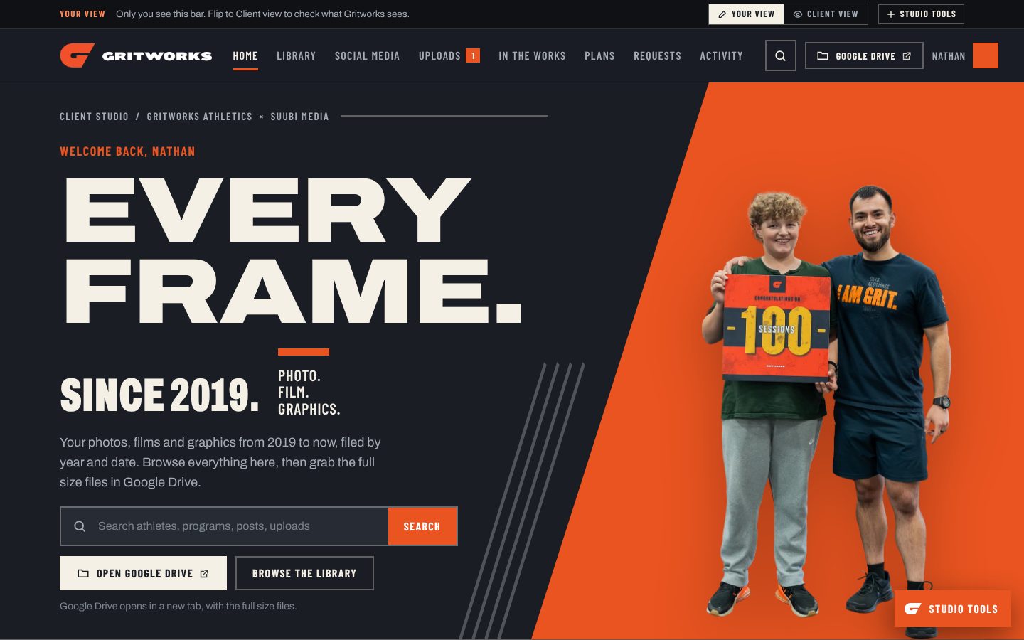 The Gritworks client studio home screen