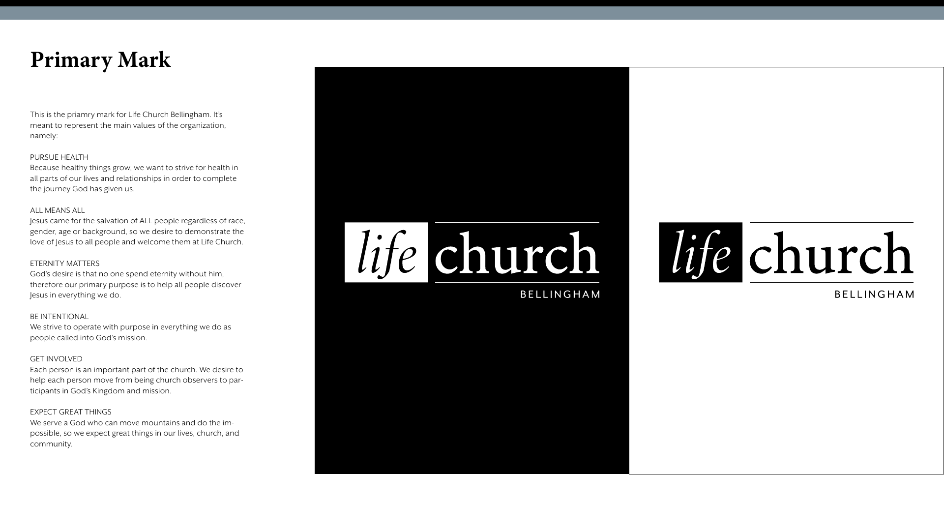 Life Church Bellingham primary mark shown in black and white beside its six stated values.
