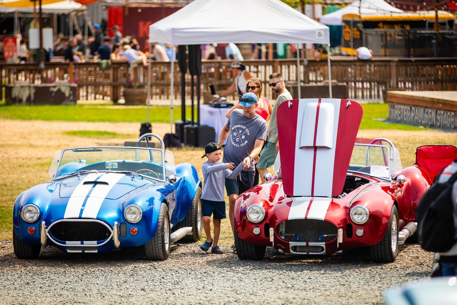 A blue roadster and a red roadster parked on grass while a child and two adults walk between them.