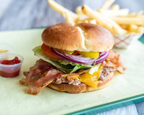 Bacon cheeseburger with lettuce, tomato, onion and peppers from Two Guys Burgers